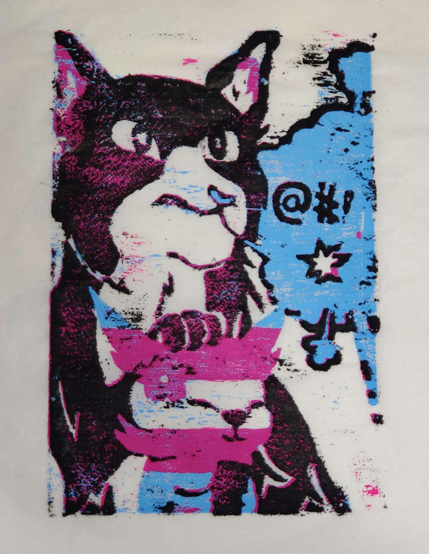 Protect Trans Youth | 8”x10” Ricepaper | Printmaking I | Spring 2022 | 3 Color Woodblock Print