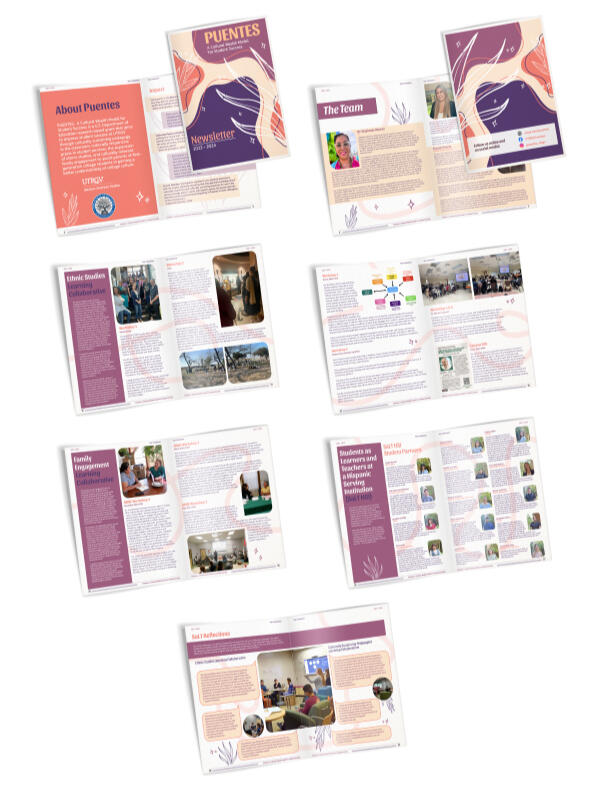 Puentes Year 1 Newsletter funded by the Dept. of Education and Mellon grants | UTRGV Puentes | Fall 2024 | Adobe Indesign & Illustrator