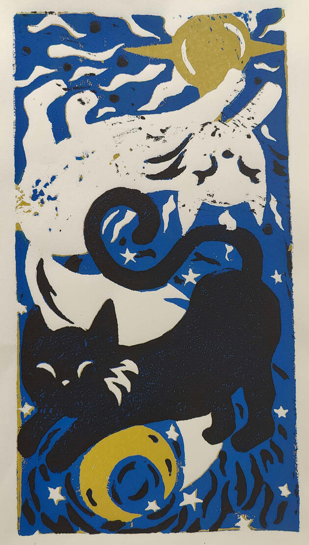 Kitty &amp; Kat | 11” x 17” Paper | Intermediate Printmaking | Fall 2023 | Reduction Linoleum Print